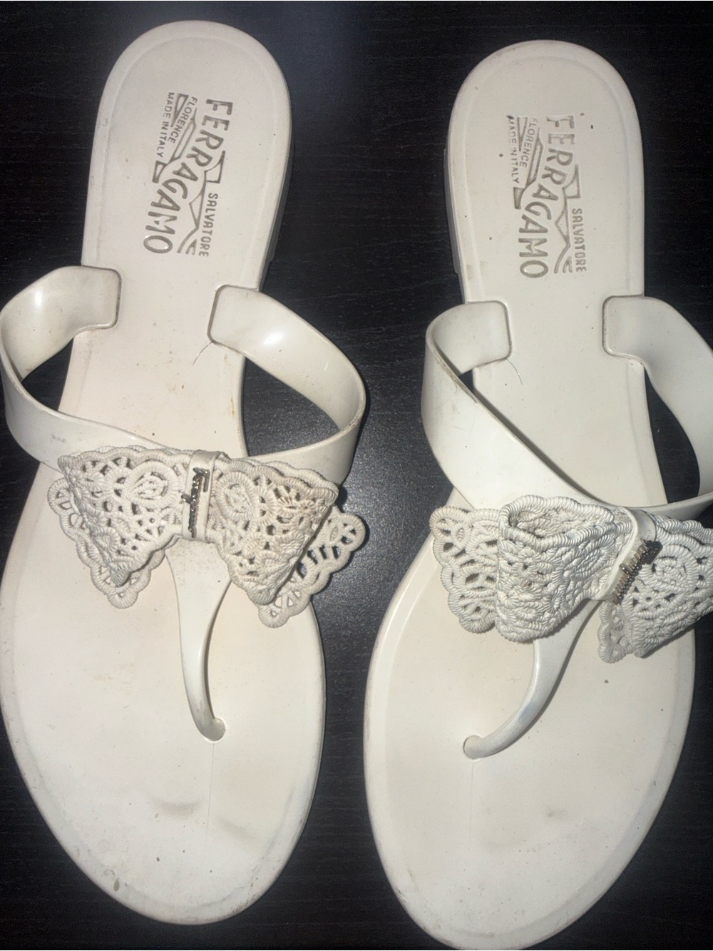 Salvatore Ferragamo White Crochet Bow Thong Sandals